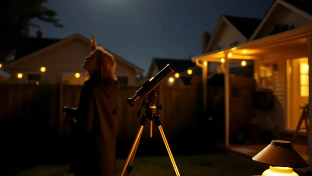 Backyard stargazers with portable telescope and filament model with evenly spaced beads under moonlight
