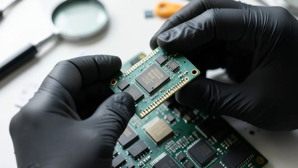 Gloved hands holding removed GPU die above PCB with memory chips