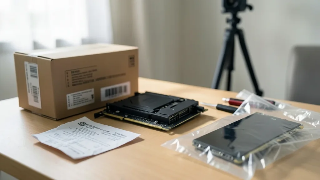 Buyer’s table with a used GPU, receipt and phone tripod for testing