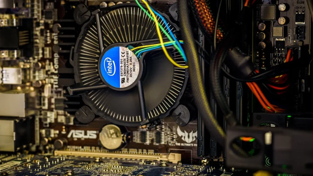 Close-up of a high-performance CPU air cooler with fins and heat sink