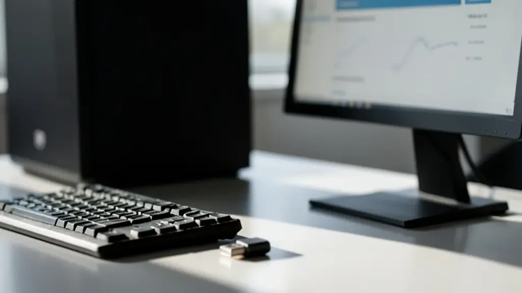 Hands at a workstation with a patch tool and dark hardware, screen blurred.