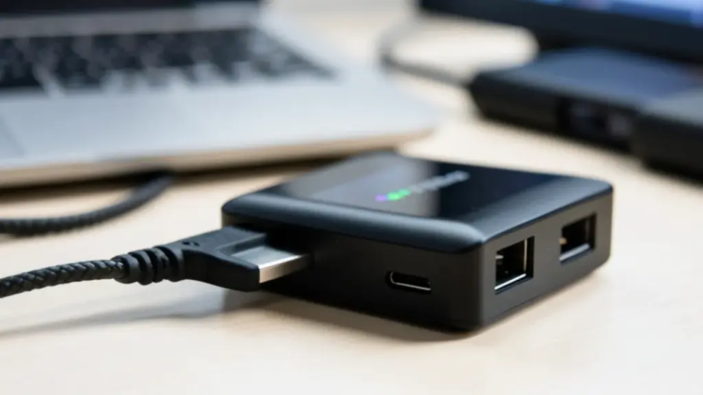 Close-up of color display on power bank with charger in background.