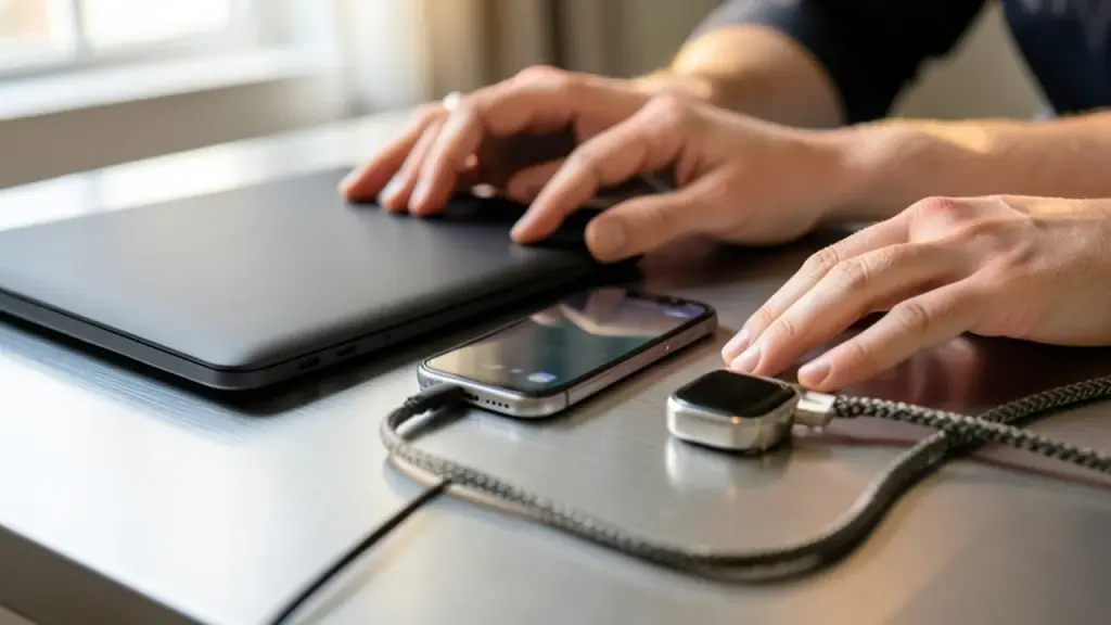 Hands arranging charging setup on a tidy desk with power bank and charger.