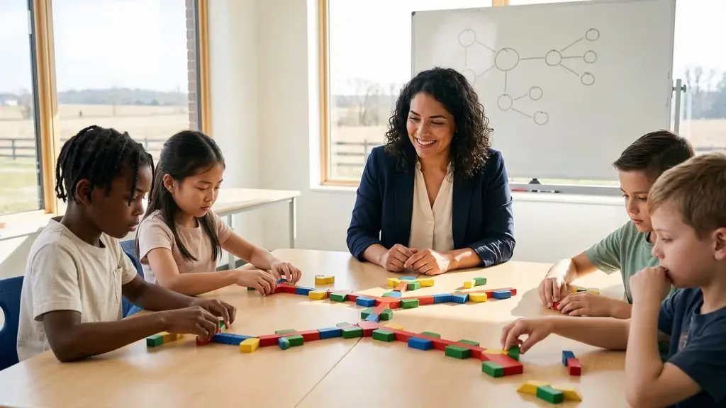 Kids at a table with simple electronics and diagrams about servers