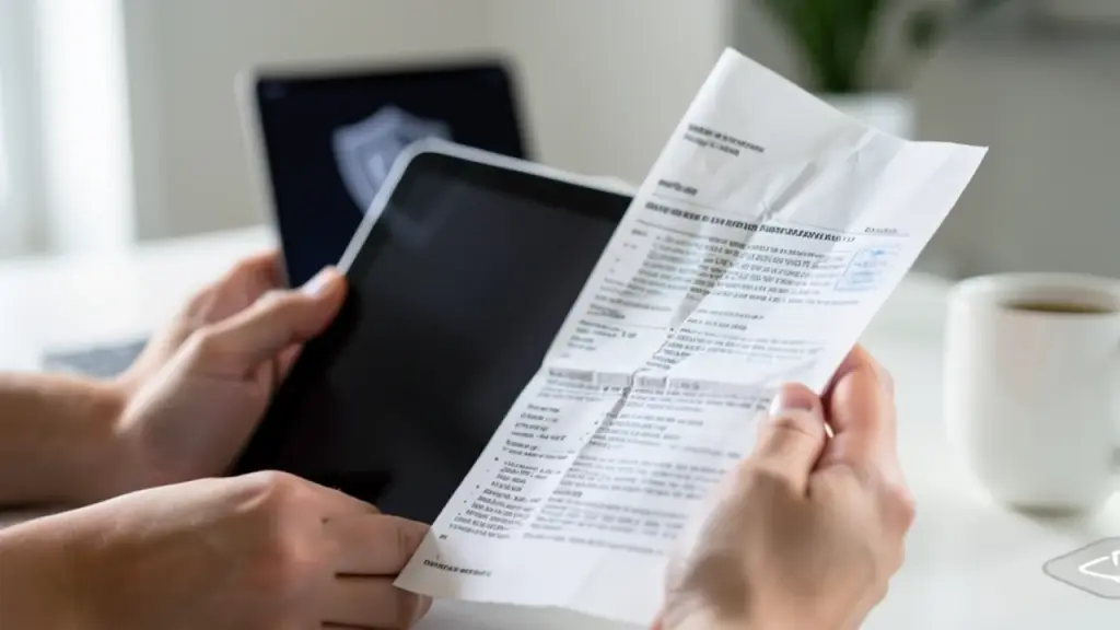 Hands with tablet, policy sheet, and shield icon in soft focus.