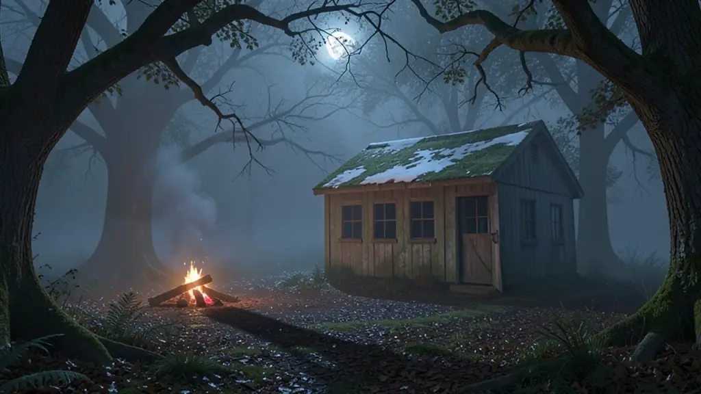A misty forest clearing at night with a wooden shed and a campfire glow