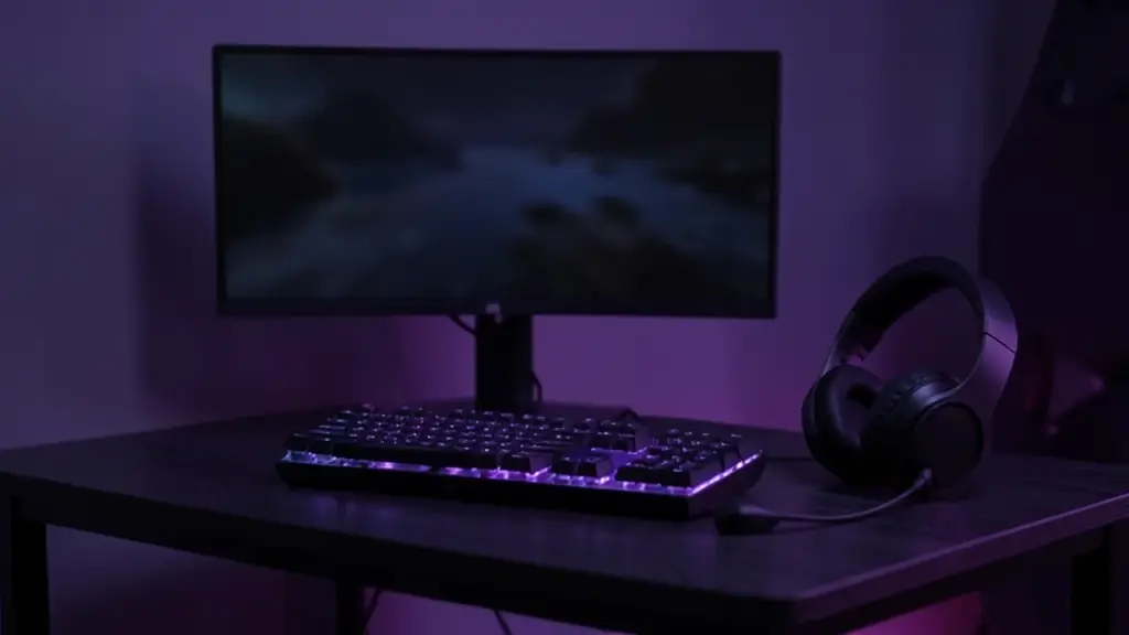 A gaming desk with a headset and dark monitor at night