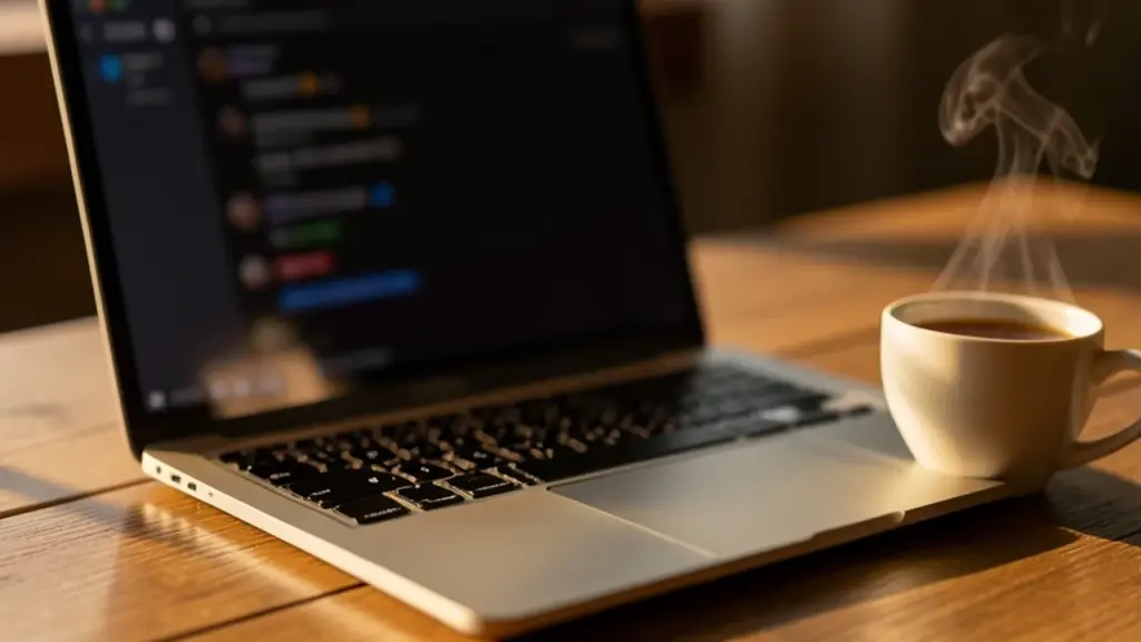 A laptop with a blurred chat window on a desk
