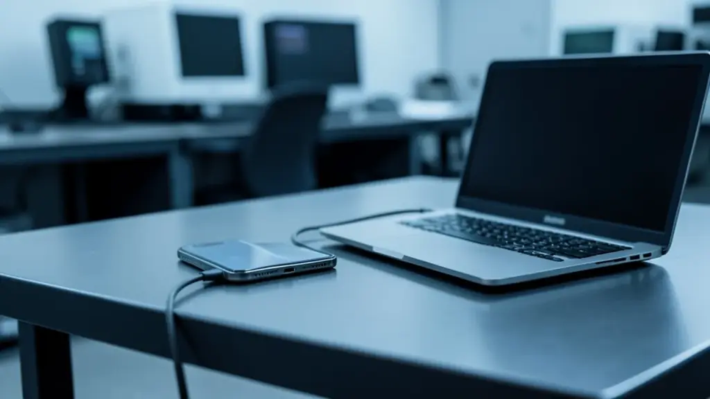 Phone connected by cable to a laptop on a lab workbench