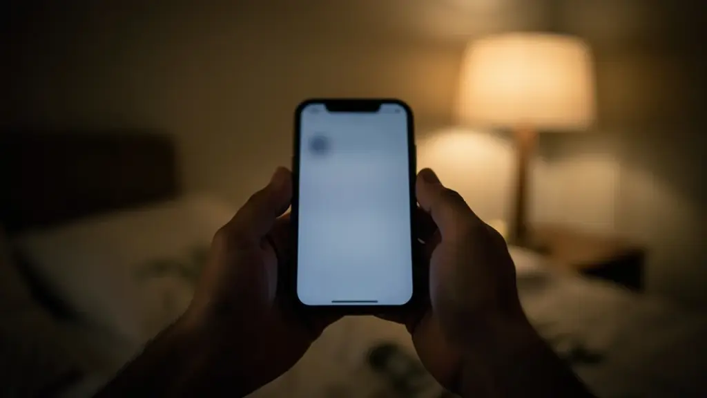 Hands holding a smartphone in a dim bedroom at night