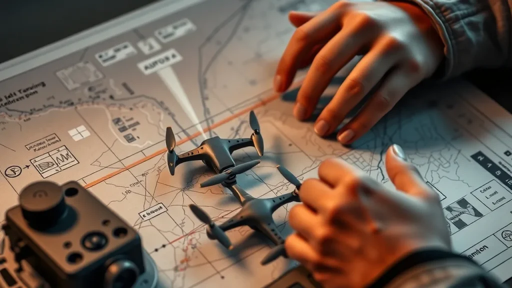Hands adjusting flight board with model drones and laser rangefinder