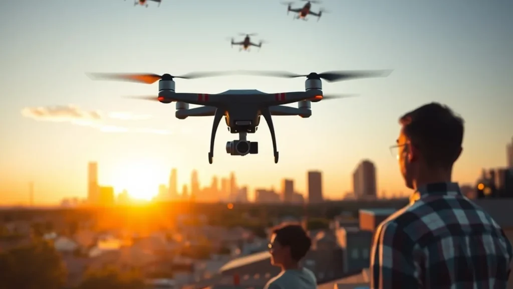 Delivery drone lifting off from a suburban Dallas rooftop with multiple drones in the sky