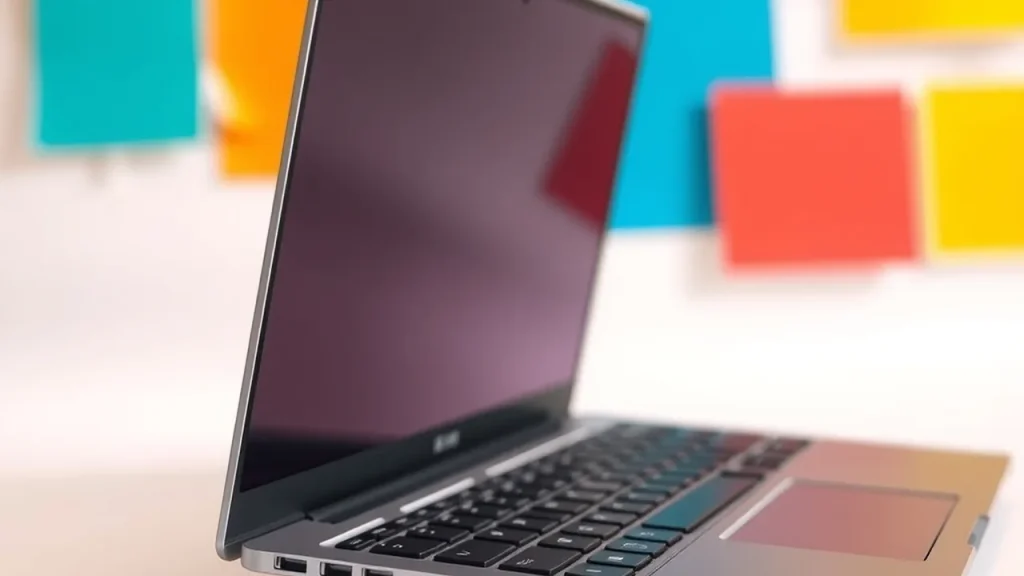 Three-quarter view of open thin creator laptop with keyboard and SD card nearby
