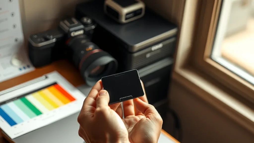 Photographer workspace with closed creator laptop, camera, SSD and hands holding memory card