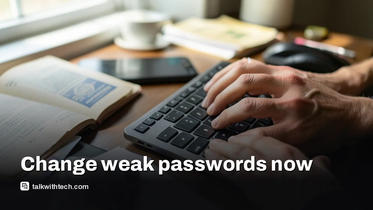 Hands over keyboard beside passport, credit card and face-down phone on desk
