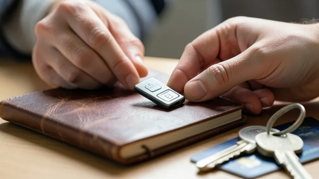 Hands swapping sticky-note password for hardware authenticator on notebook