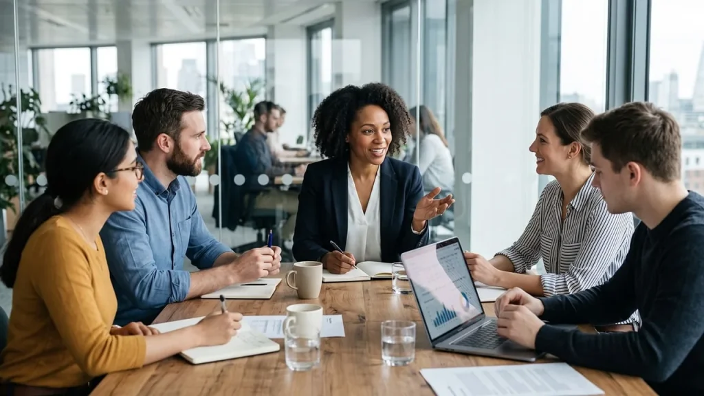 A small team discussing code review around a table