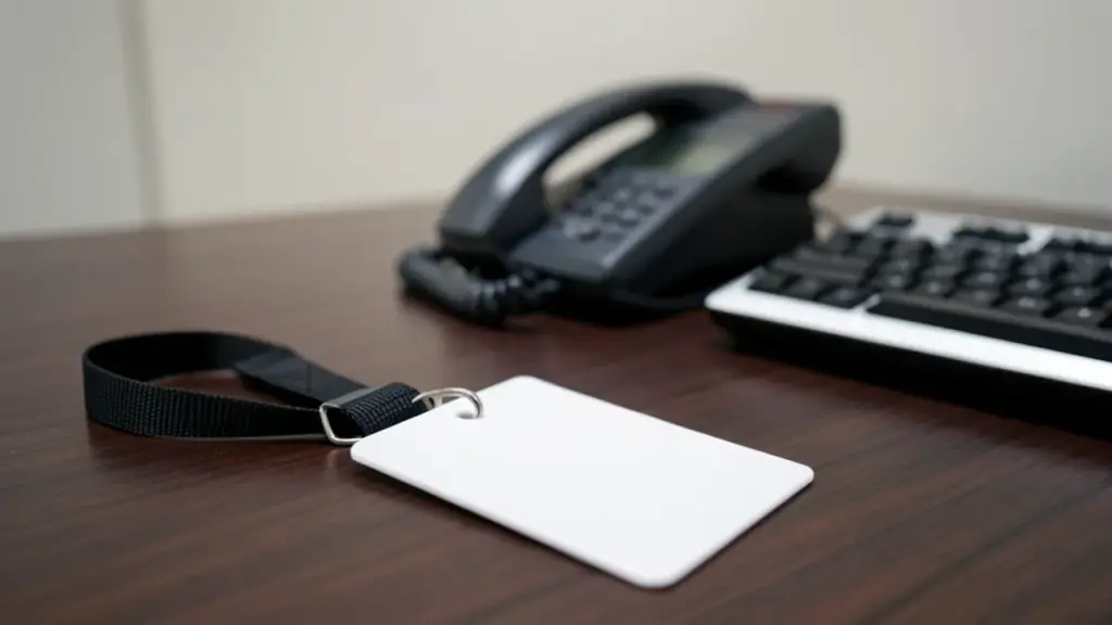 A blank ID badge on a lanyard beside a desk phone and keyboard