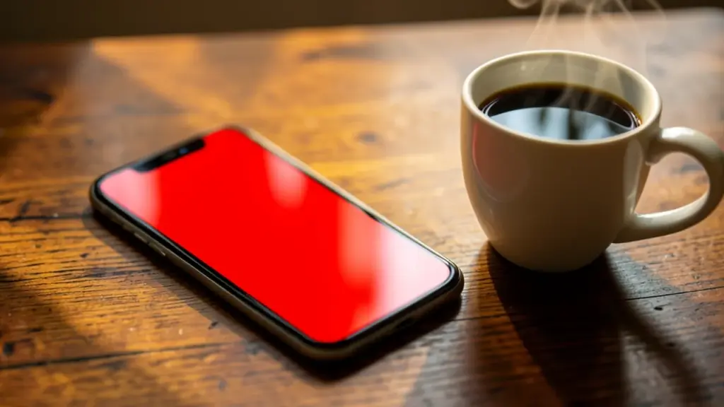 A smartphone on a table with a blurred red warning screen