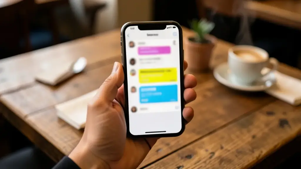 A smartphone showing a blurred chat-style layout above a cafe table