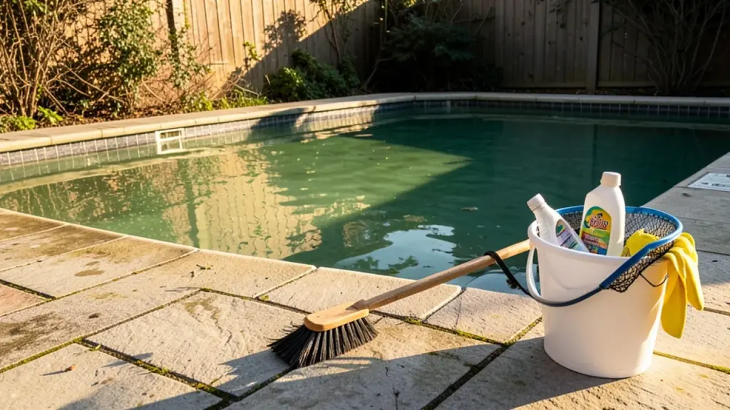 A backyard pool with greenish water beside a brush and cleaning supplies