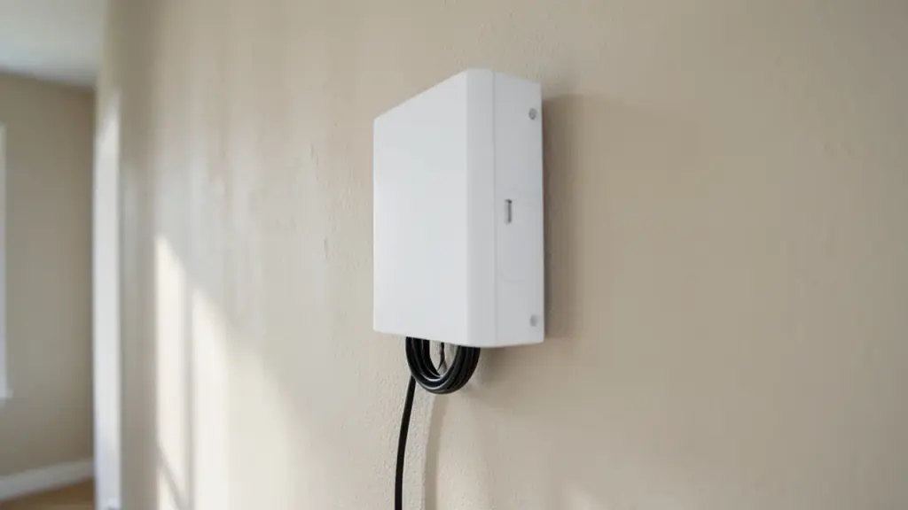 A fibre broadband box mounted on a hallway wall