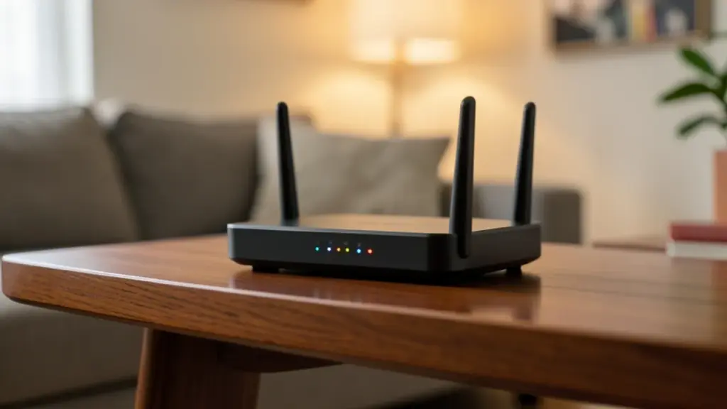 Broadband router with status lights on a living room shelf