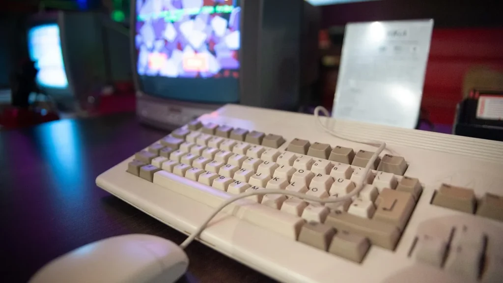 A vintage first-person shooter screenshot on a computer monitor