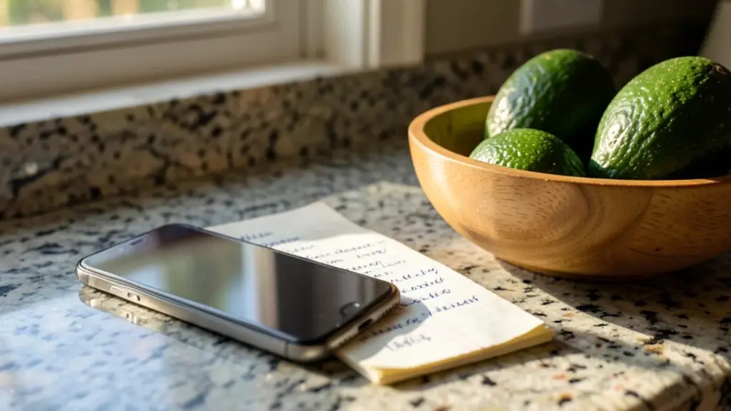 A phone with a dark screen on a kitchen counter beside a paper shopping list and avocados