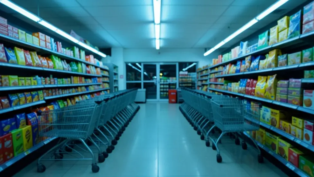 An empty supermarket aisle with shopping carts lined up