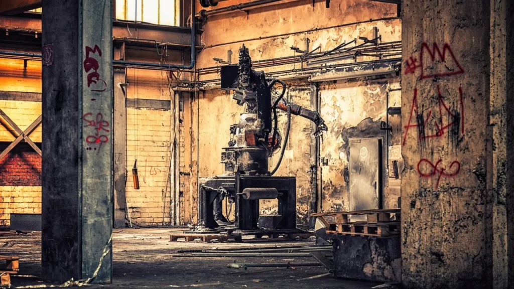Industrial robot arm operating in a factory setting