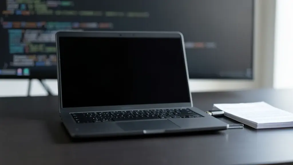 Admin workstation with dark laptop, patch notes, and a USB drive, screen off.