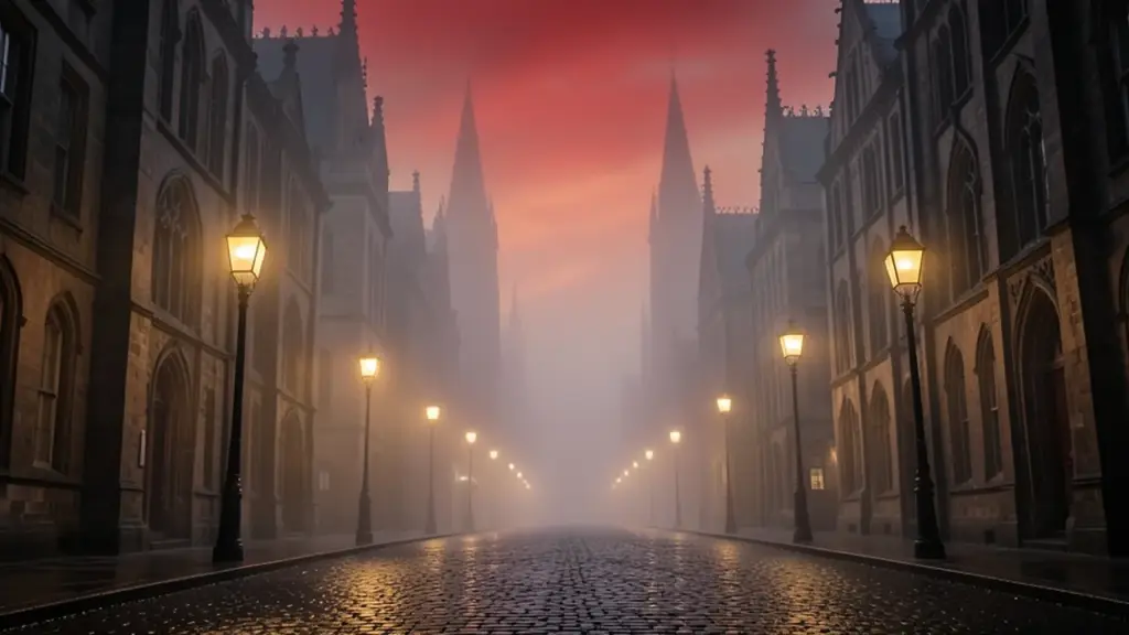 A foggy gothic street with wet cobblestones and iron lamps at dusk