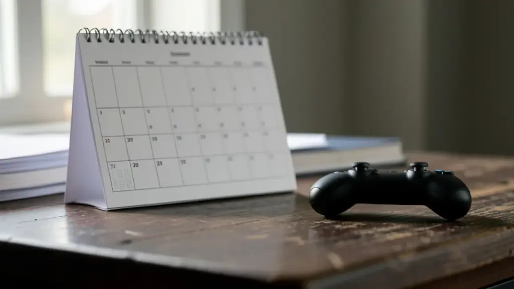 A blank wall calendar beside a game controller on a desk