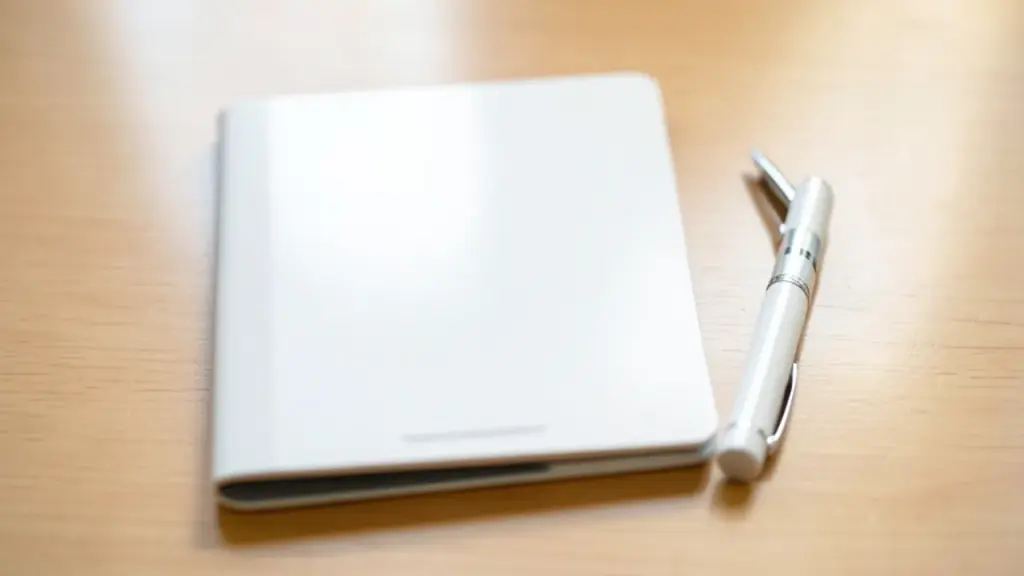 Overhead view of slim e-paper tablet and stylus on a table, case ajar