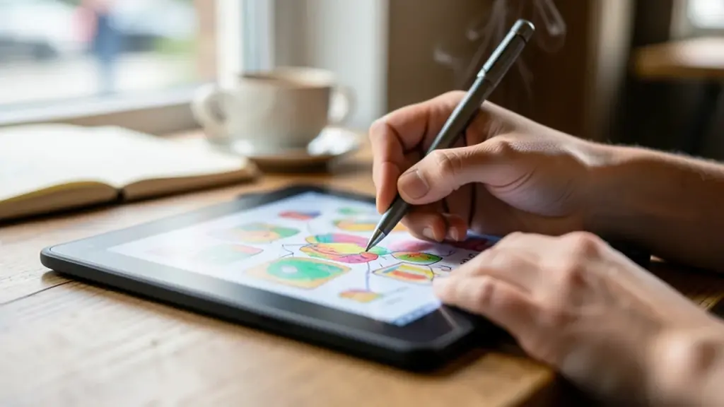 Hands sketching on a color e-paper tablet at a café table with coffee in background