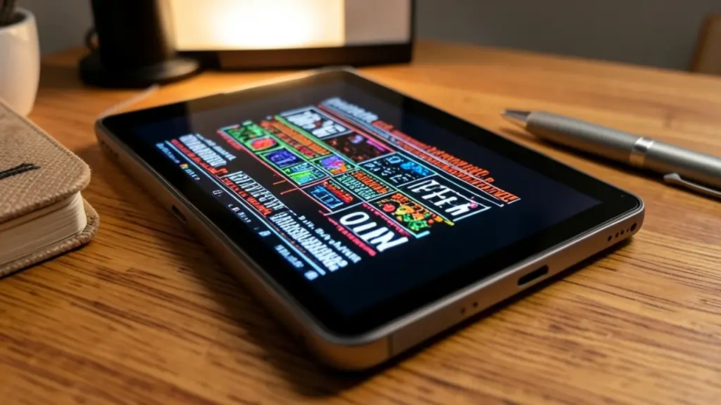 Close-up side angle of color e-paper page with vivid diagram and high contrast text.