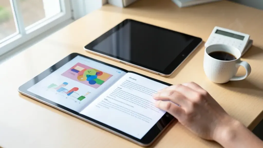 Student workspace with color e-paper notebook and tablet on a bright desk.