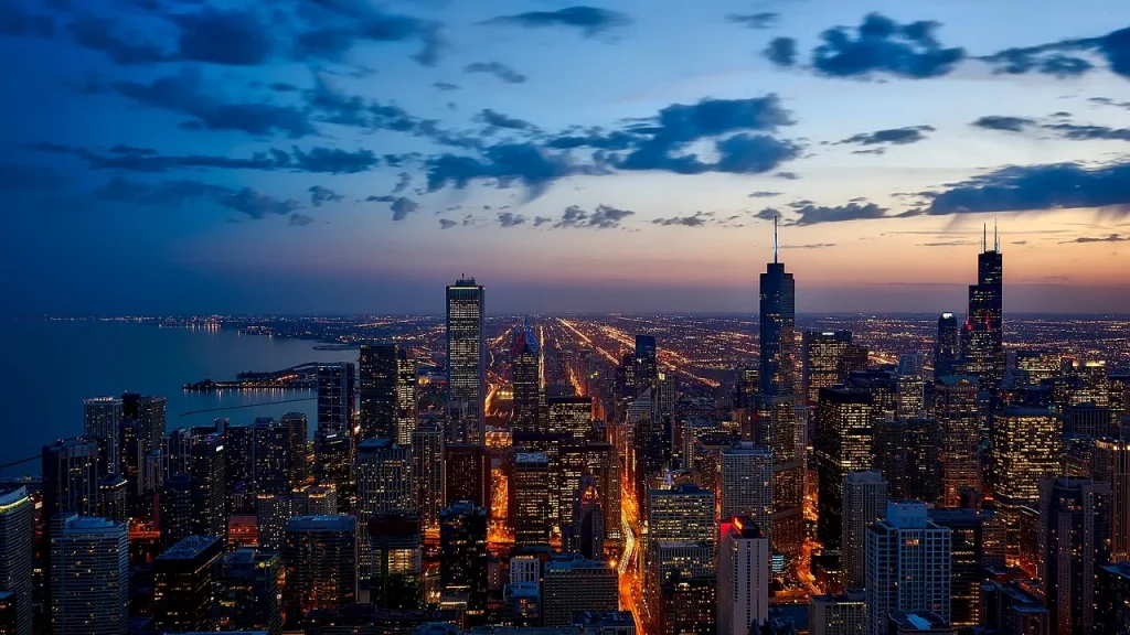 city skyline with a mix of tall buildings at dusk, symbolizing finance