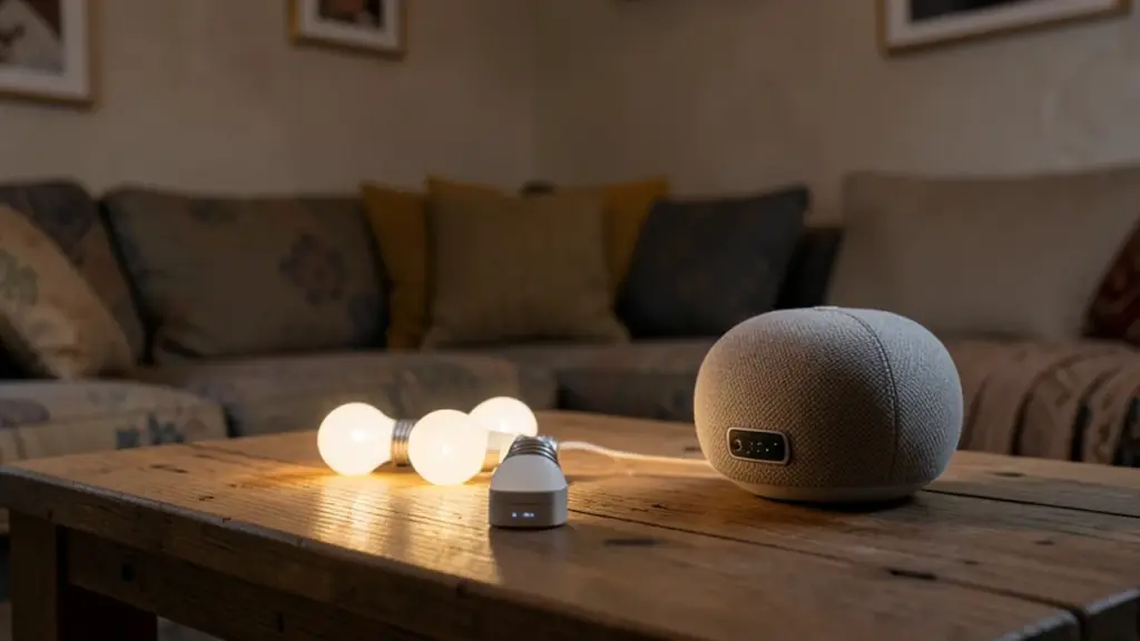 Smart home gadgets arranged around a small round speaker