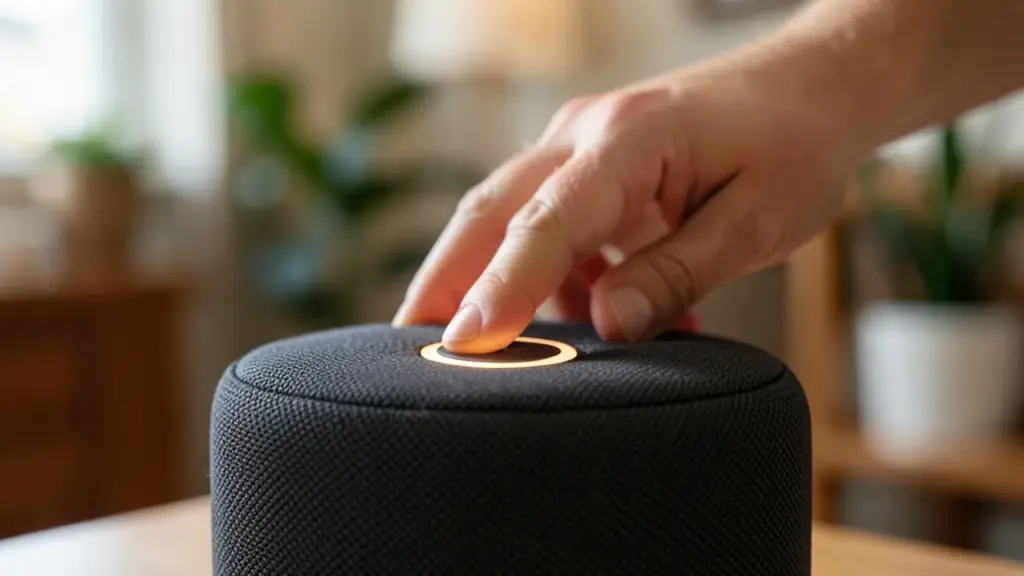 A finger pressing the privacy button on top of a smart speaker