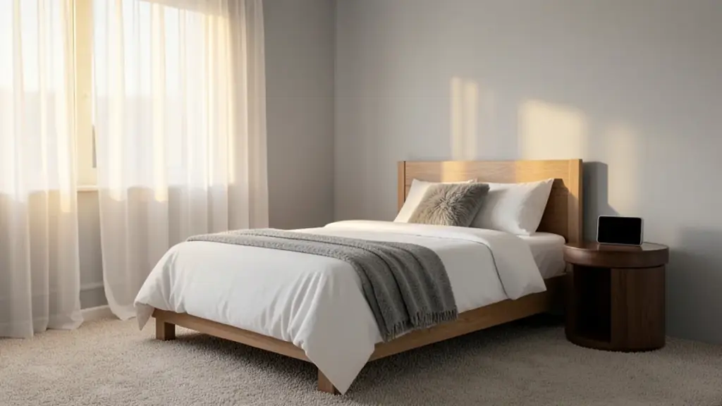 A bedroom at dawn with warm light and a device on the nightstand