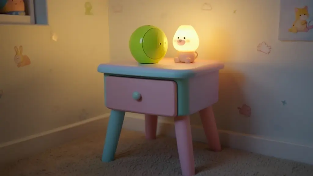 A bright colored small speaker on a child's nightstand