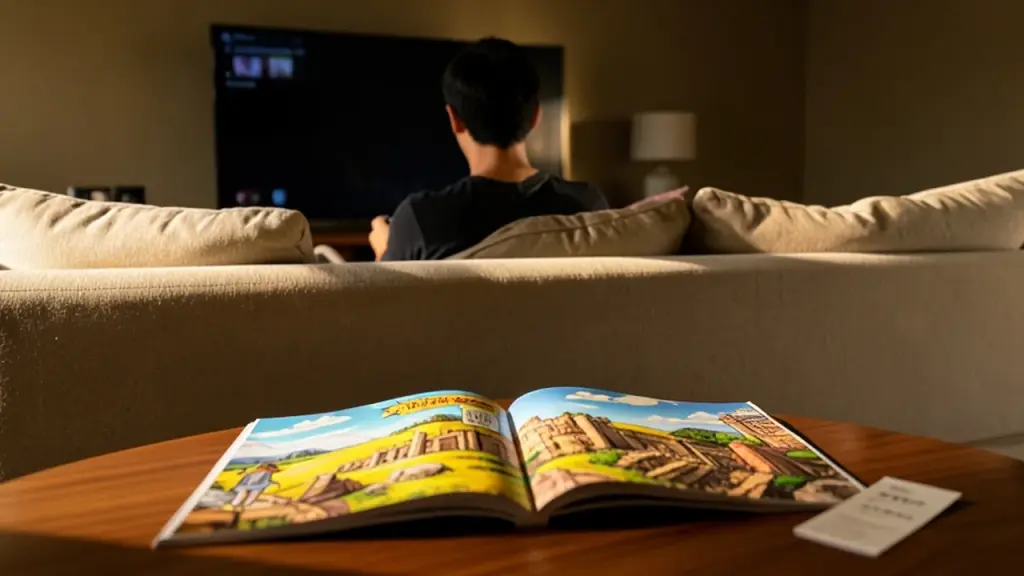 Person on sofa holding controller, artbook pages of anime landscapes on table