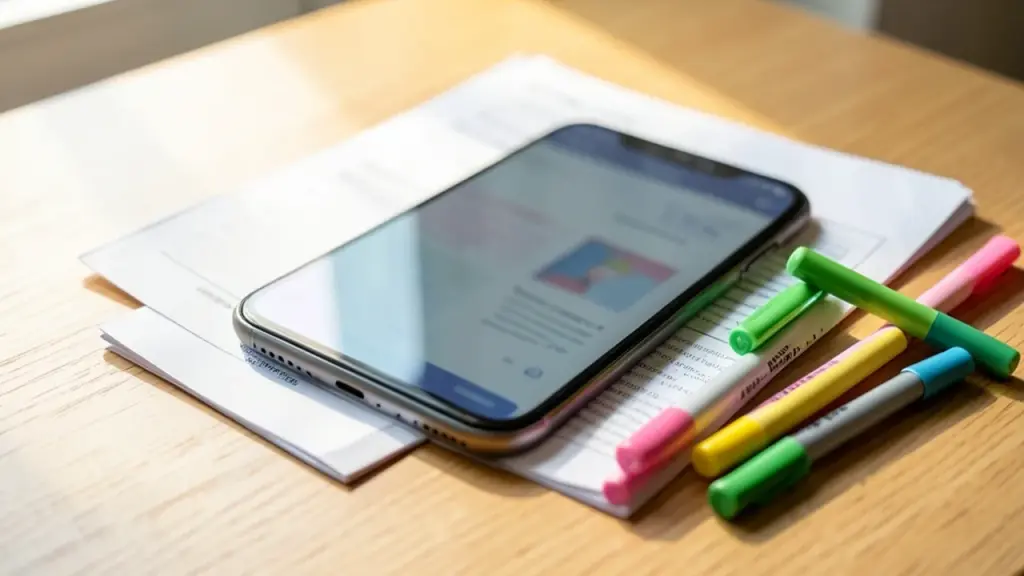A phone over a desk with a printed study sheet and highlighter pens