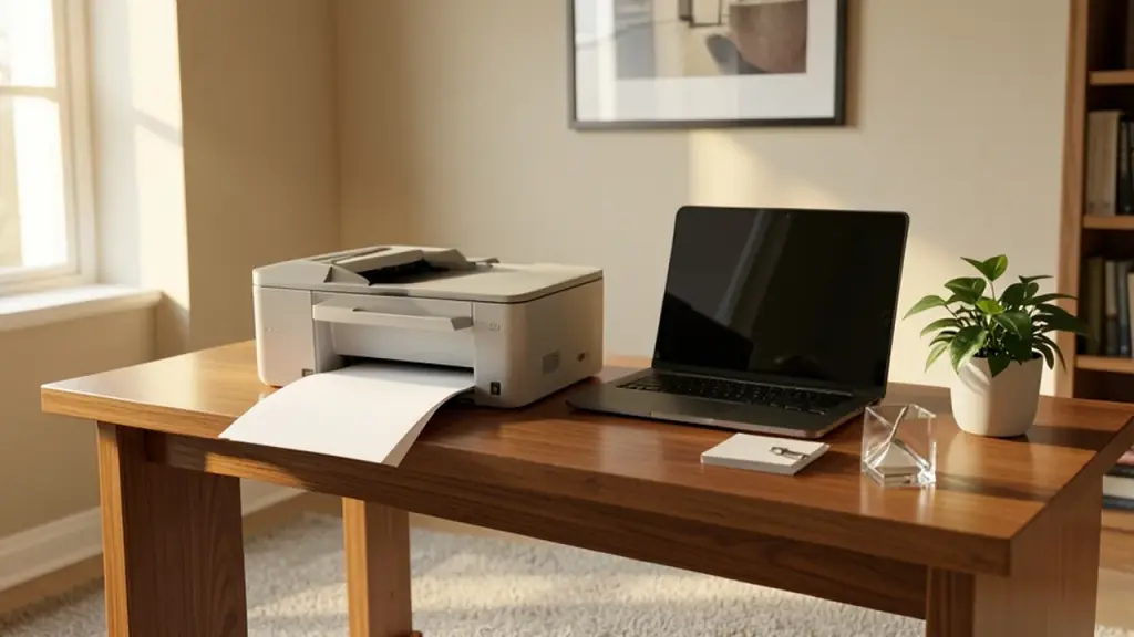 A printer releasing pages next to a laptop in a home office