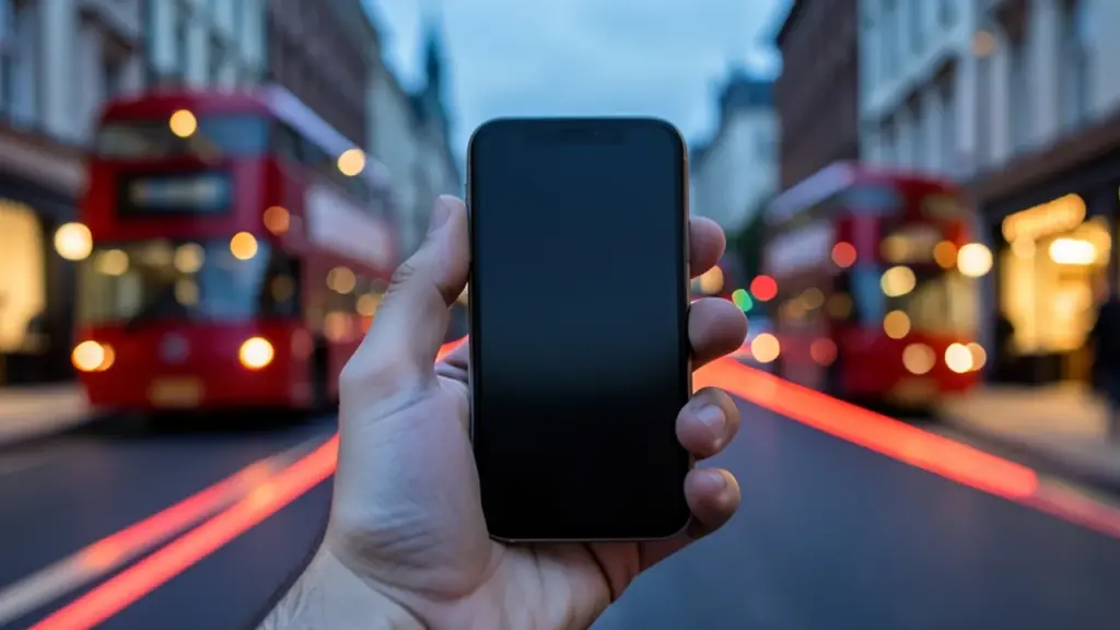 Hand holding a smartphone on a city street at dusk
