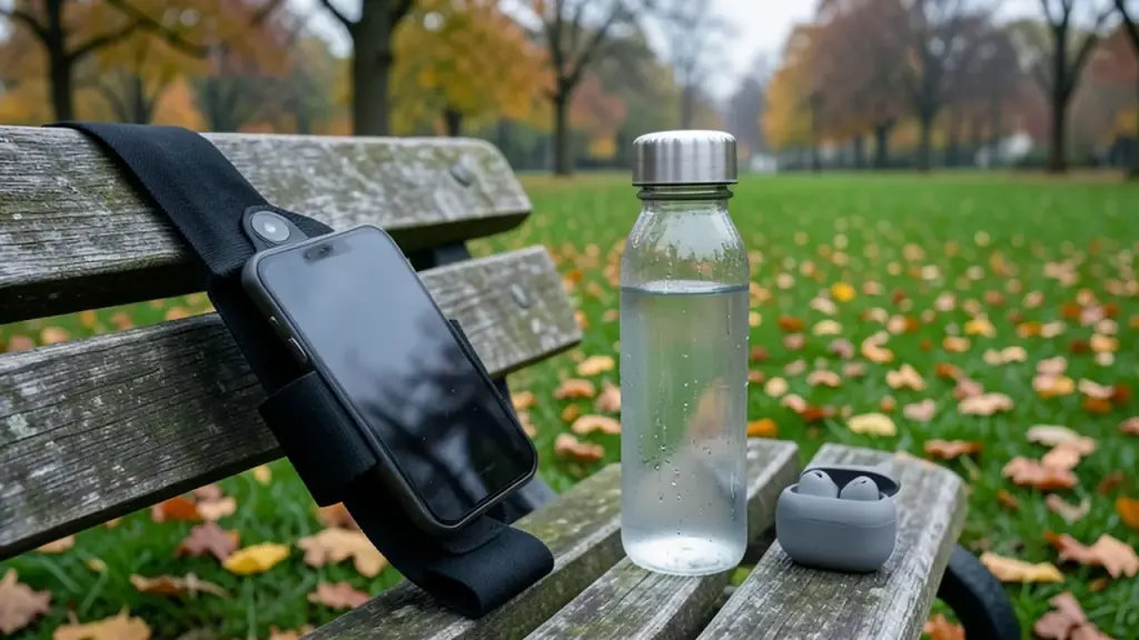 Smartphone in a running armband on a park bench