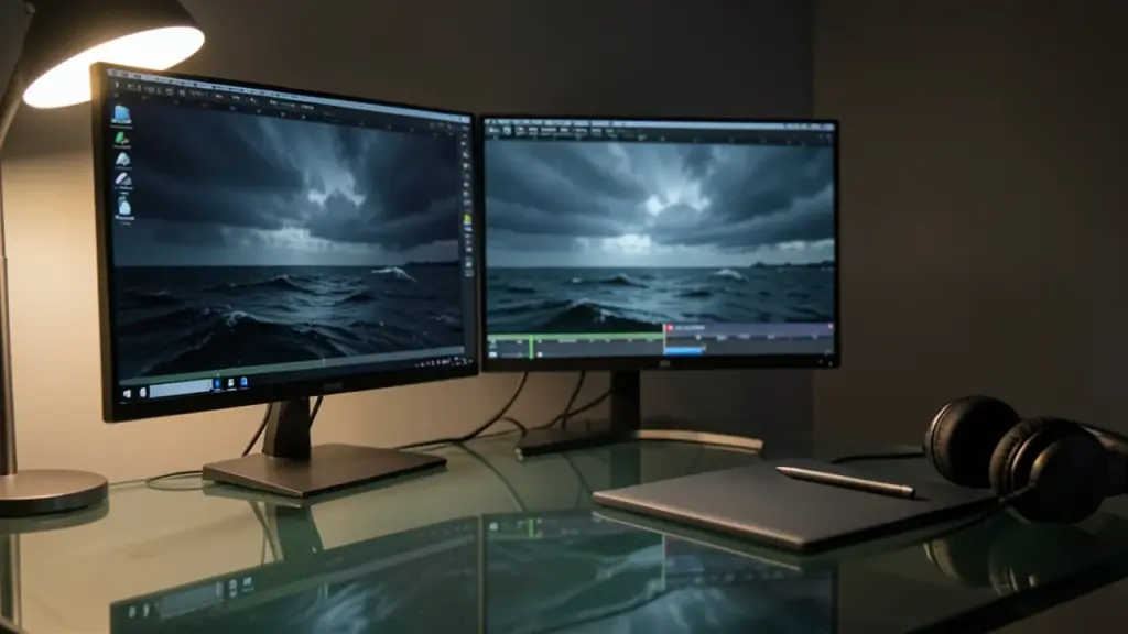 A video editing desk with blurred footage of a stormy sea