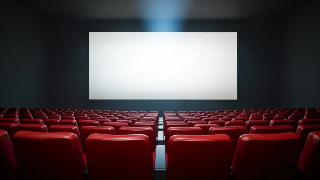 An empty movie theater with a glowing screen